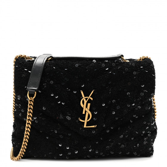 SAINT LAURENT Sequin Y Quilted Monogram Small Loulou Chain Satchel Black | FASHIONPHILE (US)