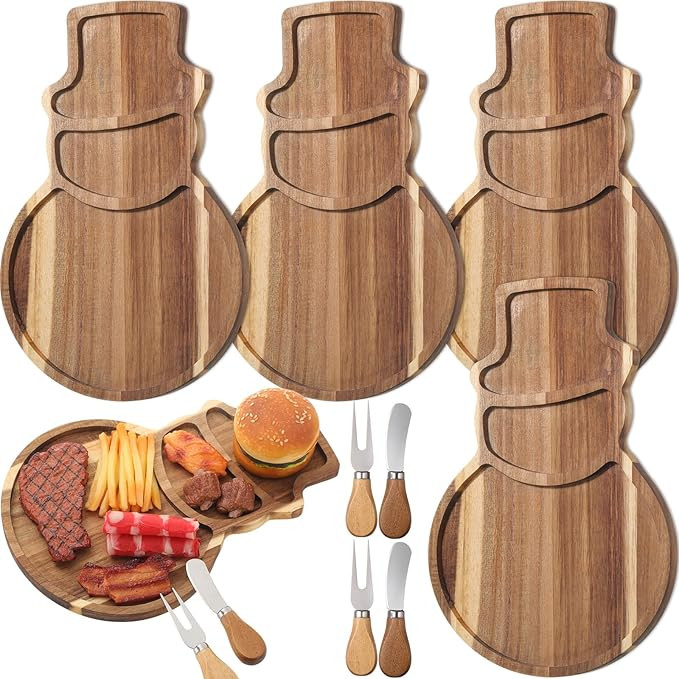 Patelai 4 Pcs Christmas Acacia Wood Platter 13.4 x 9.45 Inch Snowman Cheese Board with Knives For... | Amazon (US)