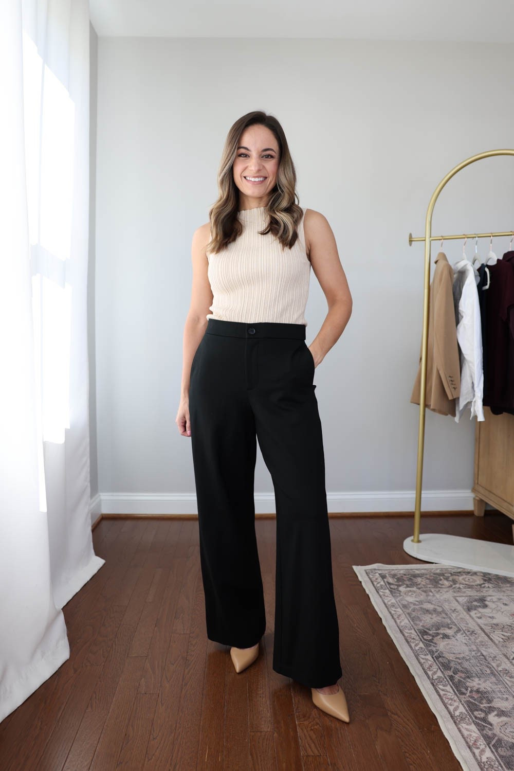 Three pairs of wide leg pants for petites with a clean flat front. 

BR Factory Ponte Wide: petite xxs / 10” rise / 27.5” inseam 

Top (Quince): xs 
Shoes (Sam Edelman): true to size 
Belt (Quince): xs in mushroom 

For size comparison, I’m 4’10” 105lbs. My measurements are 32”, 24”, 36”. I typically wear petite xxs/00/24 and have a 25” ankle inseam and a 27.5-28” full length inseam.

#LTKPetite #LTKWorkwear