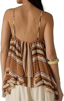 Women Boho Striped Ruffled Cami Top Layered Spaghetti Strap Babydoll Tank Sleeveless Printed Cami... | Amazon (US)