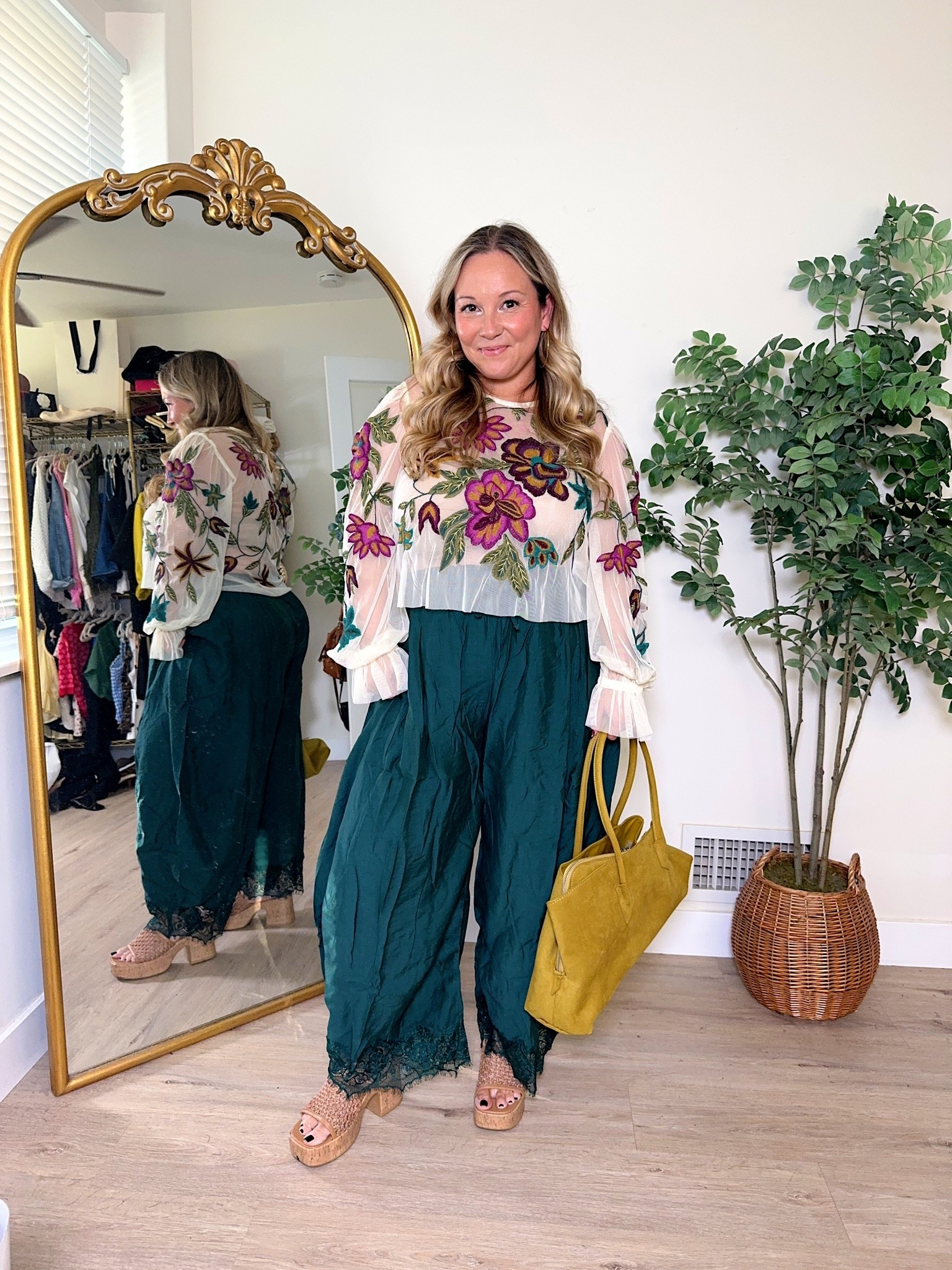 @Anthropologie fall outfit 
Top is from last fall but there’s a new version this year! Size LARGE PETITE 
Lace pants dropped in new colors! I wanted petite length but they had none! Did size LARGE regular.

Fall style, fell trends, fall outfit, lace pants, viral Anthro pants, mesh top, Amazon fashion, midsize style, petite style