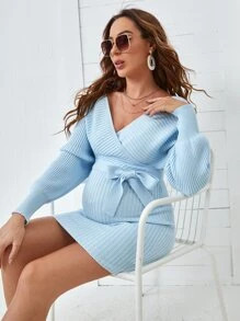 SHEIN Maternity Surplice Neck Belted Sweater Dress | SHEIN