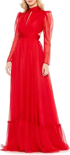 Mac Duggal Puff Shoulder Long Sleeve Chiffon A-Line Gown | Nordstrom | Nordstrom