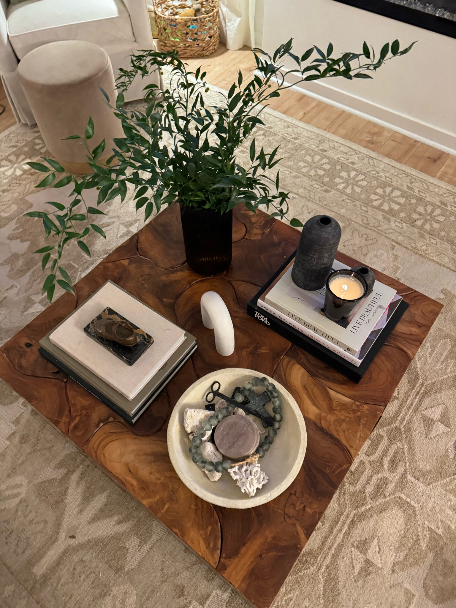Coffee Table Styling | when shopping for home decor, I look for organic textures like marble, wood, greenery, and linen. Textures bring out personality in neutral color styling. Linked are my favorite coffee table books, bowls, candles and vases. Amazon and Target mixed with antique/vintage pieces. 