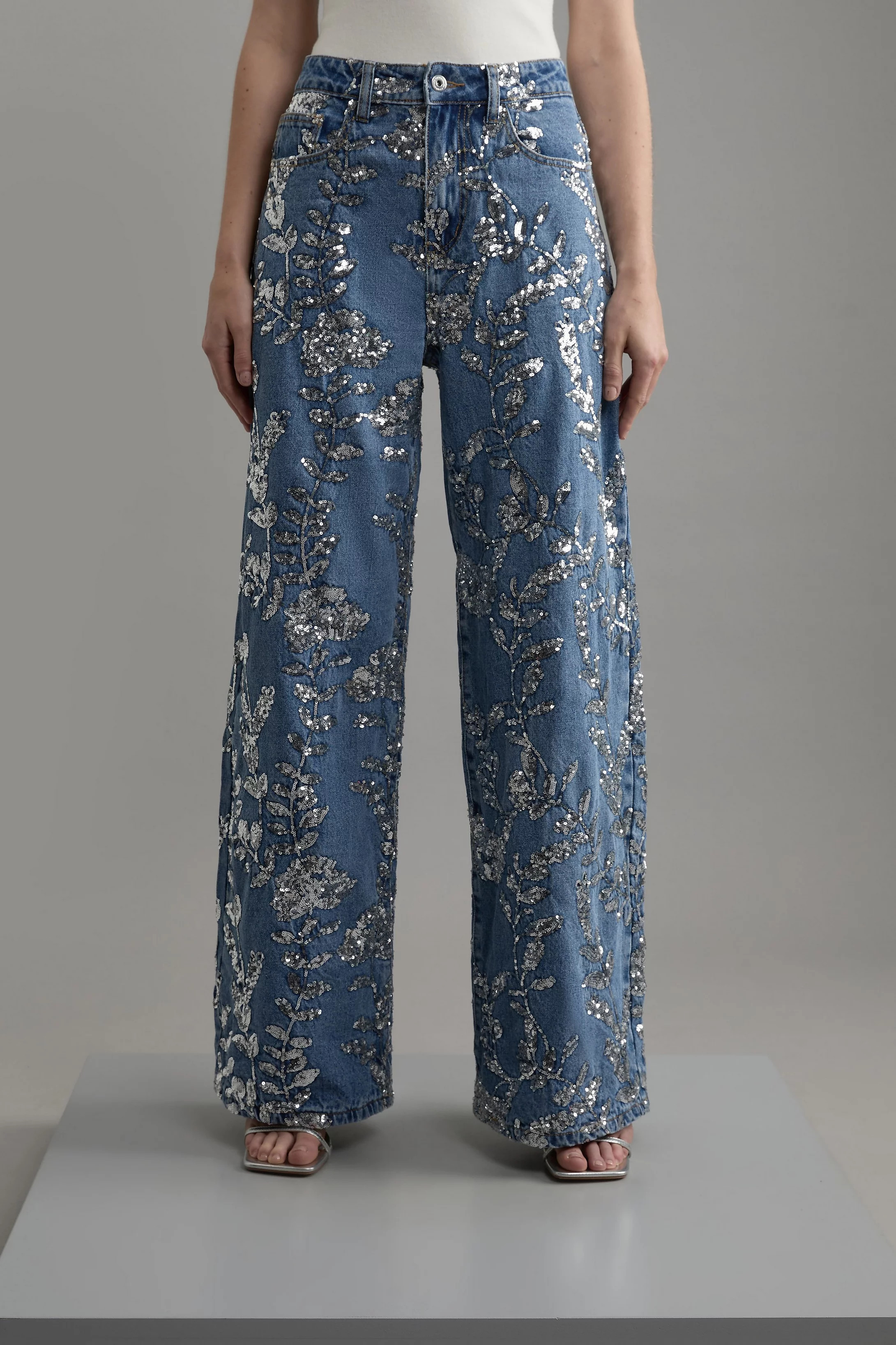 Denim All Over Floral Sequin Wide Leg Pants | Karen Millen US