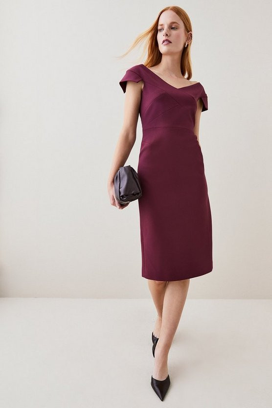 Petite Structured Crepe Cross Detail Midi Dress | Karen Millen US