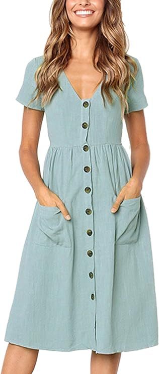 Angashion Women's Dresses-Short Sleeve V Neck Button Decoration T Shirt Midi Skater Dress with Po... | Amazon (US)