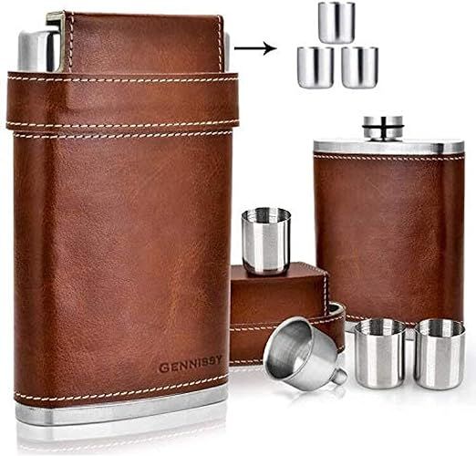 GENNISSY 304 18/8 Stainless Steel 8oz Flask - Brown Leather with 3 Cups and Funnel 100% Leak Proo... | Amazon (US)