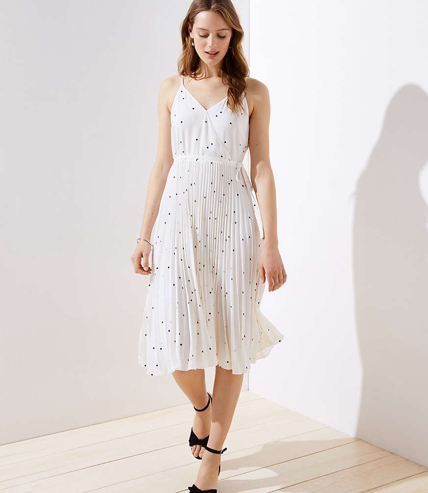 Dotted Pleated Wrap Midi Dress | LOFT
