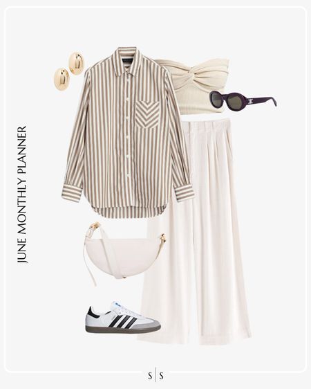 Monthly outfit planner JUNE: Spring & Summer looks | striped button ip, linen pant, Adidas Samba, knit twist sweater strapless top, sling bag 

See the entire calendar on thesarahstories.com ✨ 


#LTKStyleTip