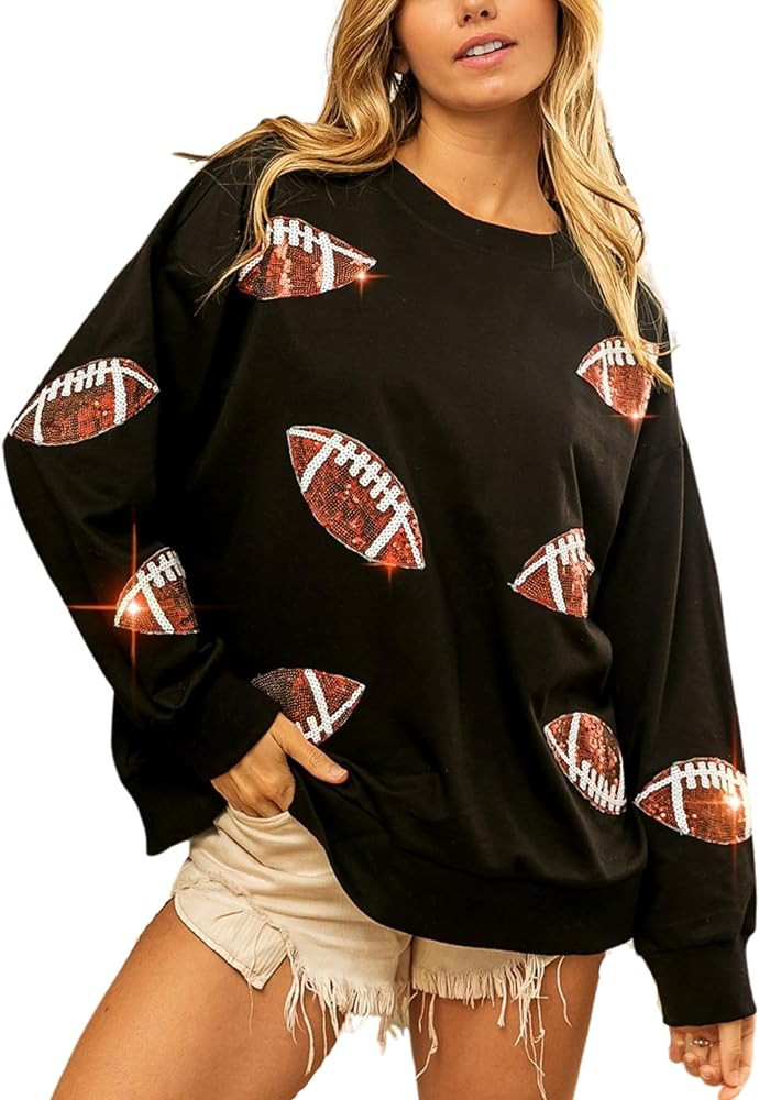 Himythe Womens Crewneck Sparkle Football Game Day Sweatshirt Long Sleeve Sequin Pullover Top Over... | Amazon (US)