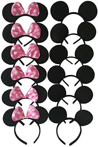 CHuangQi Mouse Ears Solid Black and Pink Bow Headband for Boys&Girls Birthday Party,Pack of 12 | Amazon (US)