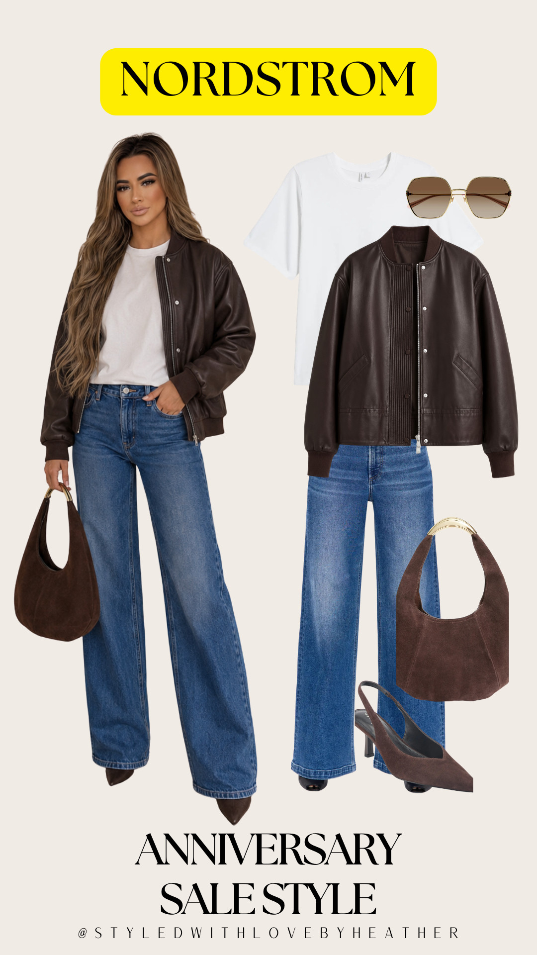 The chocolate brown trend isn't going anywhere, and this outfit proves why! A buttery bomber jacket layered over a classic white tee with relaxed wide-leg jeans creates the perfect elevated everyday look. Finished with rich brown accessories for a timeless outfit you'll wear on repeat.

#LTKStyle #LTKFinds #NSale