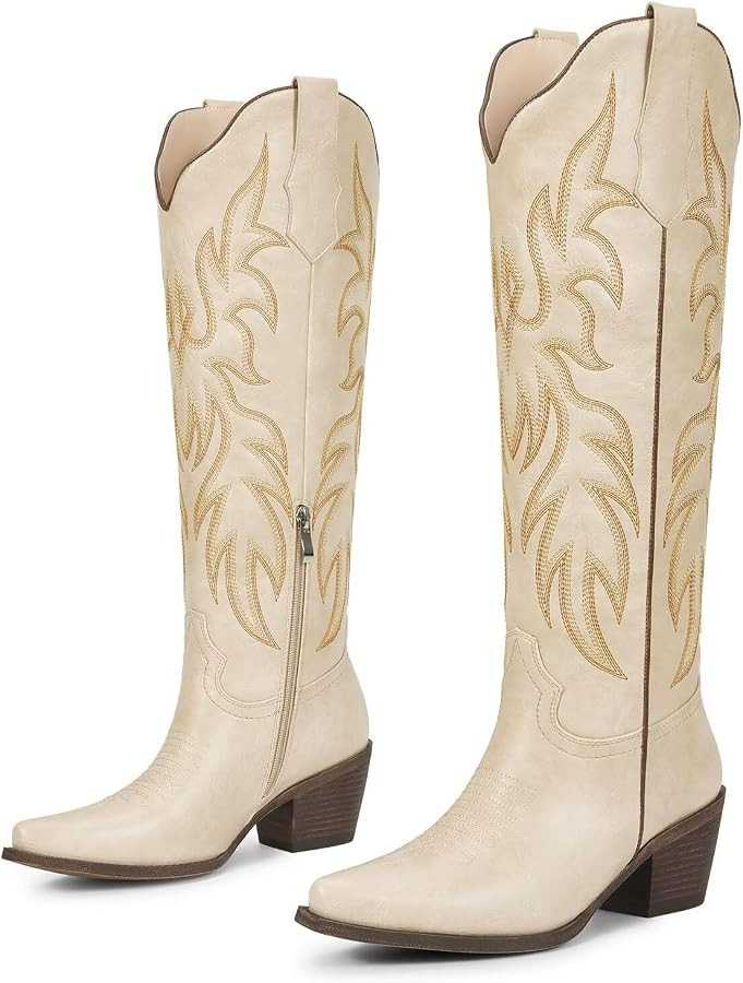 wetkiss Cowboy Boots for Women Knee High Cowgirl Boots with Chunky Low Heel and Pointed Toe, Wome... | Amazon (US)