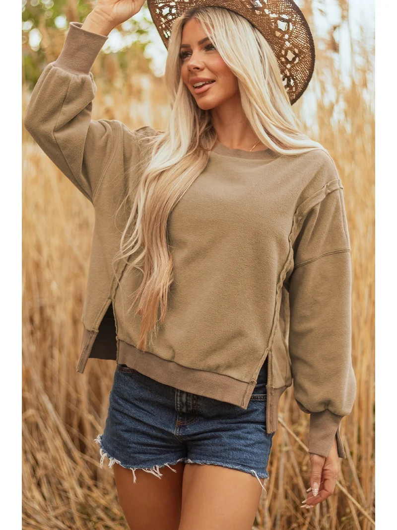 Dark Khaki Fuzzy Sherpa Splicing Pullover Sweatshirt with Side Slit | Walmart (US)