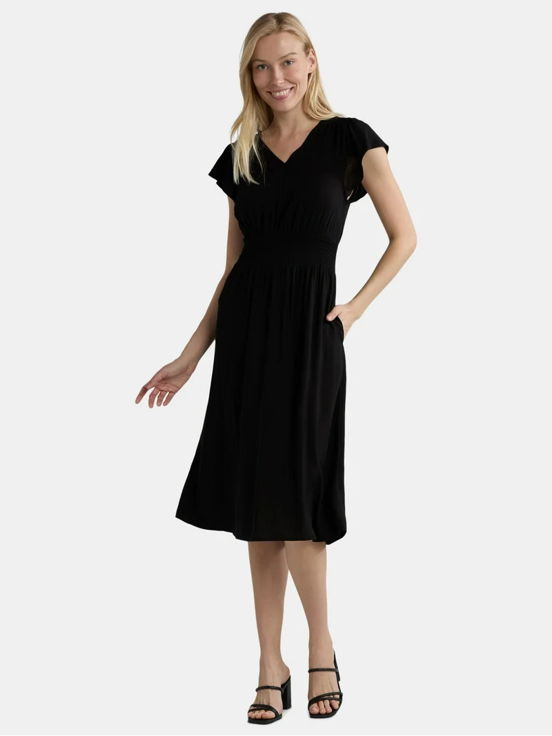 Time and Tru Women's and Women's Plus Smocked Waist Midi Dress with Short Sleeves, Sizes XS-4X - ... | Walmart (US)