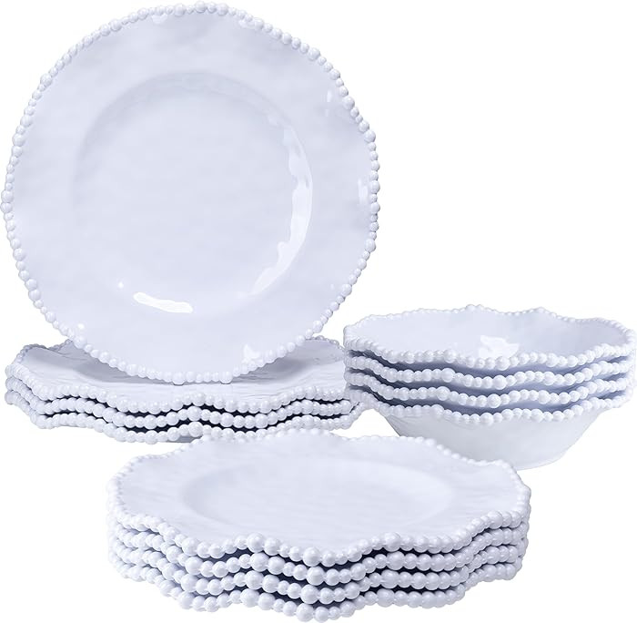 Amazon.com: ZAROCRUS 12-Piece White Beaded Melamine Dinnerware Sets \u2013 Chip-Resistant Plates ... | Amazon (US)