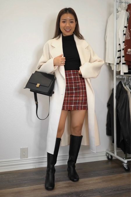Casual holiday outfits with white wool coat, red mini tweed skirt, black turtleneck, black knee high boots, and polene paris bag 

Holiday outfits Christmas outfits red outfits petite outfits petite blogger

#LTKHoliday #LTKGiftGuide #LTKSeasonal