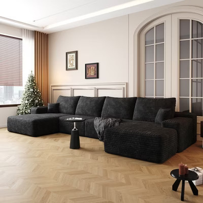 Whisen 135" 3-Seater Ushaped Cloud Sectional Sofa with Ottoman, Right Facing Chaise, Plush Corduroy Fabric - Black | Target