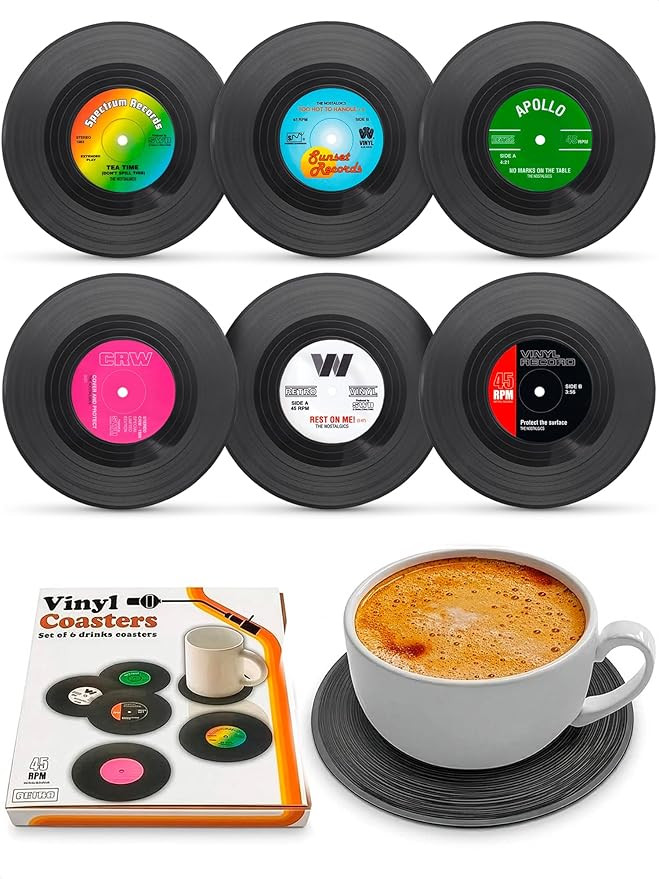 6Pcs Vinyl Record Coasters for Drinks - 4.1" Retro Gift Record Player Coasters for Desk - Durable... | Amazon (US)