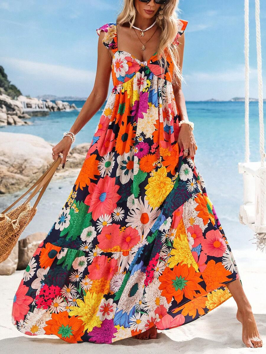 Vivid Eden Woven Printed Small Airplane Pattern Women Dress With Flared DressSpring And Summer Ou... | SHEIN