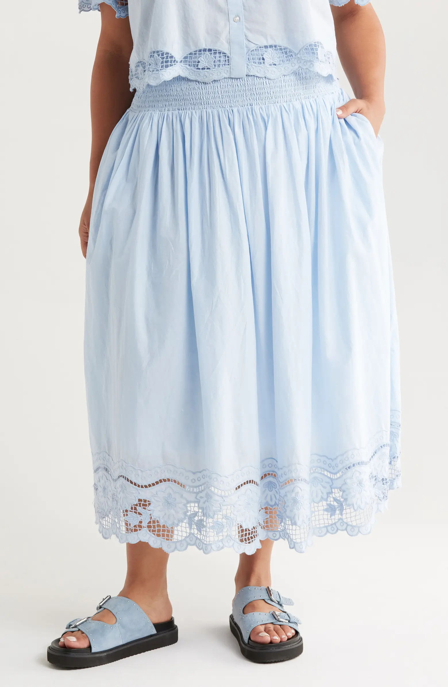 Treasure & Bond Embroidered Eyelet Cotton Smocked Waist Skirt | Nordstrom | Nordstrom