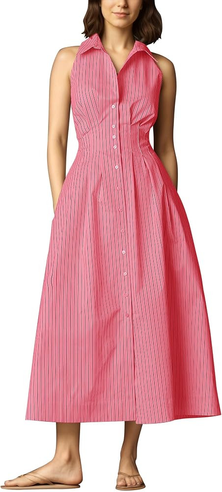 Sleeveless Shirt Dress Women Collared Button Down Pleated Midi Dress Summer Casual Striped Blouse... | Amazon (US)