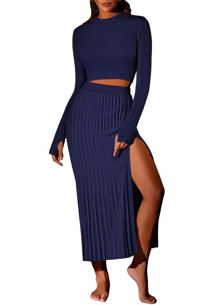 Pink Queen Women's 2 Piece Sweater Outfits Set Long Sleeve Crop Top Ribbed Split Bodycon Midi Lon... | Amazon (US)