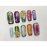 3D Flower Coffin Press On Nails | Colorful Ombre Nail Art Floral Handmade Gel Fake For Birthday Event Party Spring Jc433Av | Etsy (US)