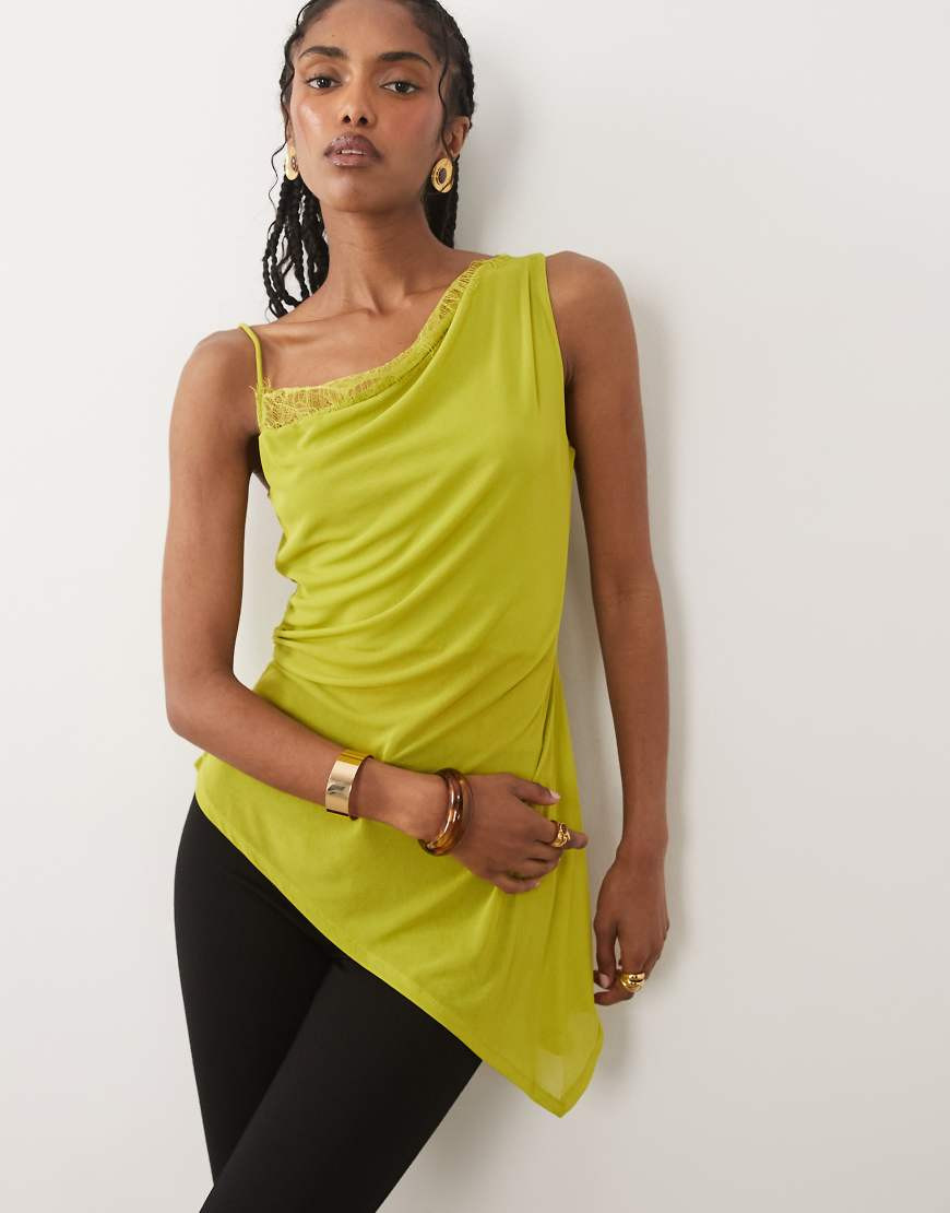 ASOS DESIGN mesh asymmetric longline cami top with lace trim in green | ASOS (Global)