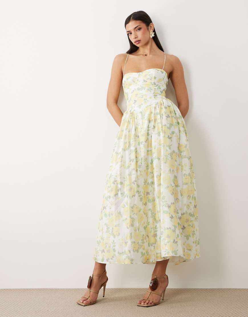 Bardot Estie cotton cami corset detail maxi dress in yellow floral | ASOS (Global)