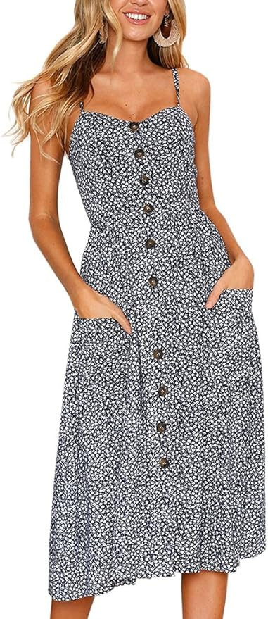 Halife Womens Dresses Summer Casual Spaghetti Strap Floral Button Down Swing Midi Dress with Pock... | Amazon (US)