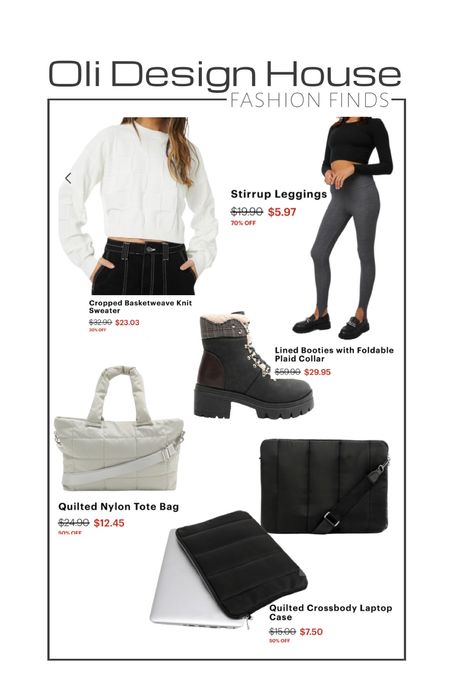 Fashion finds! 

Black and white fashion on sale for up to 70% off! 

Grey stirrup leggings for $6, white cross weave top, fold top black combat boots, quilted over shoulder laptop carrier, white quilted shoulder bag, neutral fashion

#LTKitbag #LTKFind #LTKshoecrush