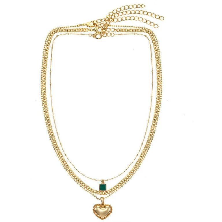 Time and Tru Women's Gold Tone Layered Heart Necklace Set, 3 Pieces | Walmart (US)