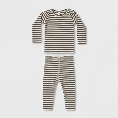 Q by Quincy Mae Baby 2pc Striped Ribbed Long Sleeve Top & Pants Set - Light Beige | Target