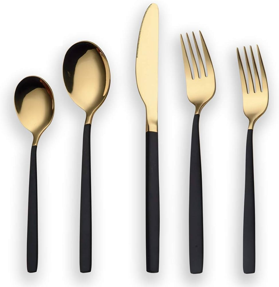 Amazon.com | Berglander 20 Piece Titanium Black And Golden Plated Stainless Steel Flatware Set, B... | Amazon (US)
