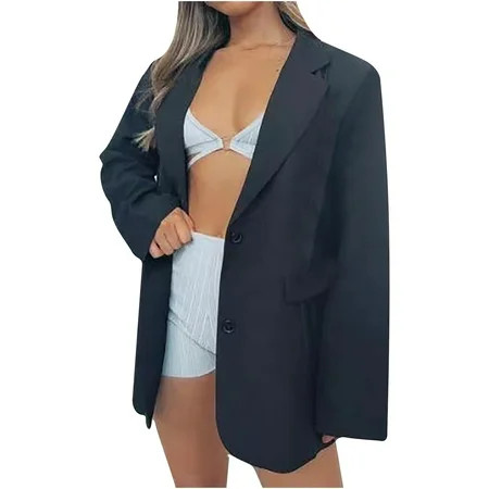 TZNBGO Black Blazer For Women Long Coats Oversized Jacket Women Ladies Plain Turn Down Collar Ket Lo | Walmart (US)