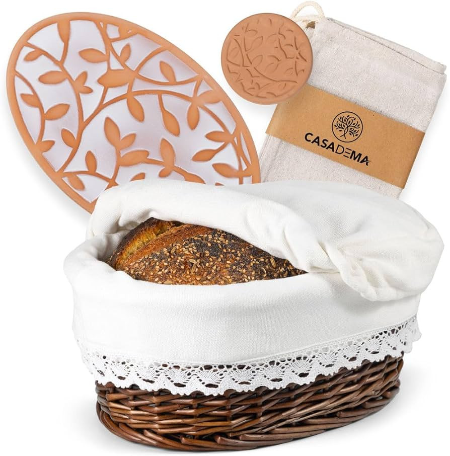 Bread Warmer Basket with Warming Stone (Large Oval 12 x 9) - Bundled w/Linen Bread Bag & Bread/Su... | Amazon (US)