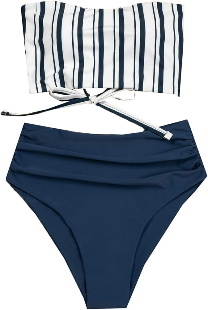 SweatyRocks Women's Bathing Suits Striped Bandeau Bikini high Waisted Swimsuits Swimwear Set | Amazon (US)