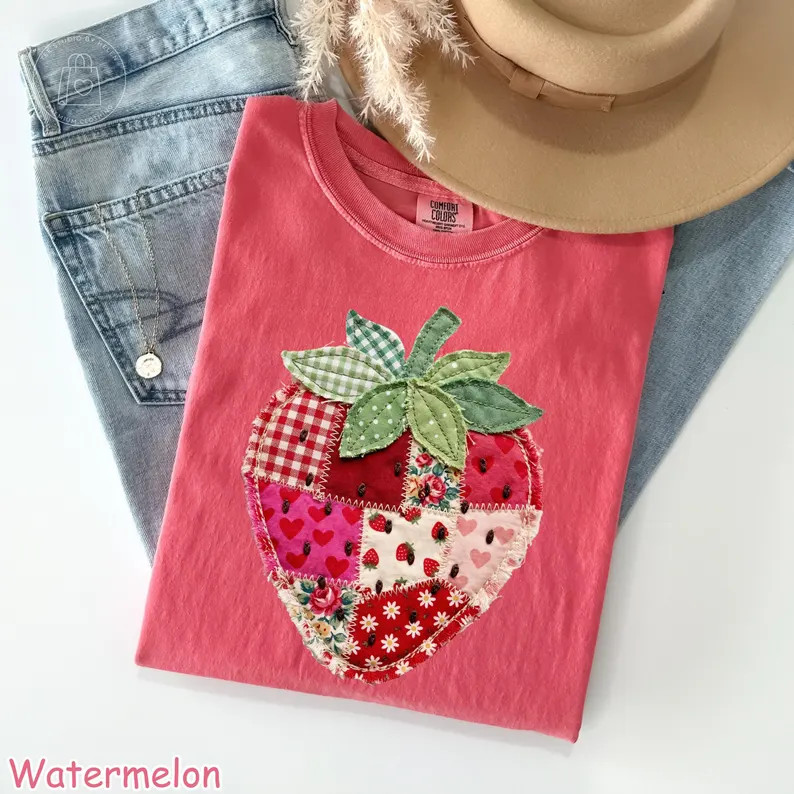 Comfort Colors® Strawberry Shirt, Patchwork Quilted Farmhouse Berry Tee, Rustic Gingham Floral C... | Etsy (Global)