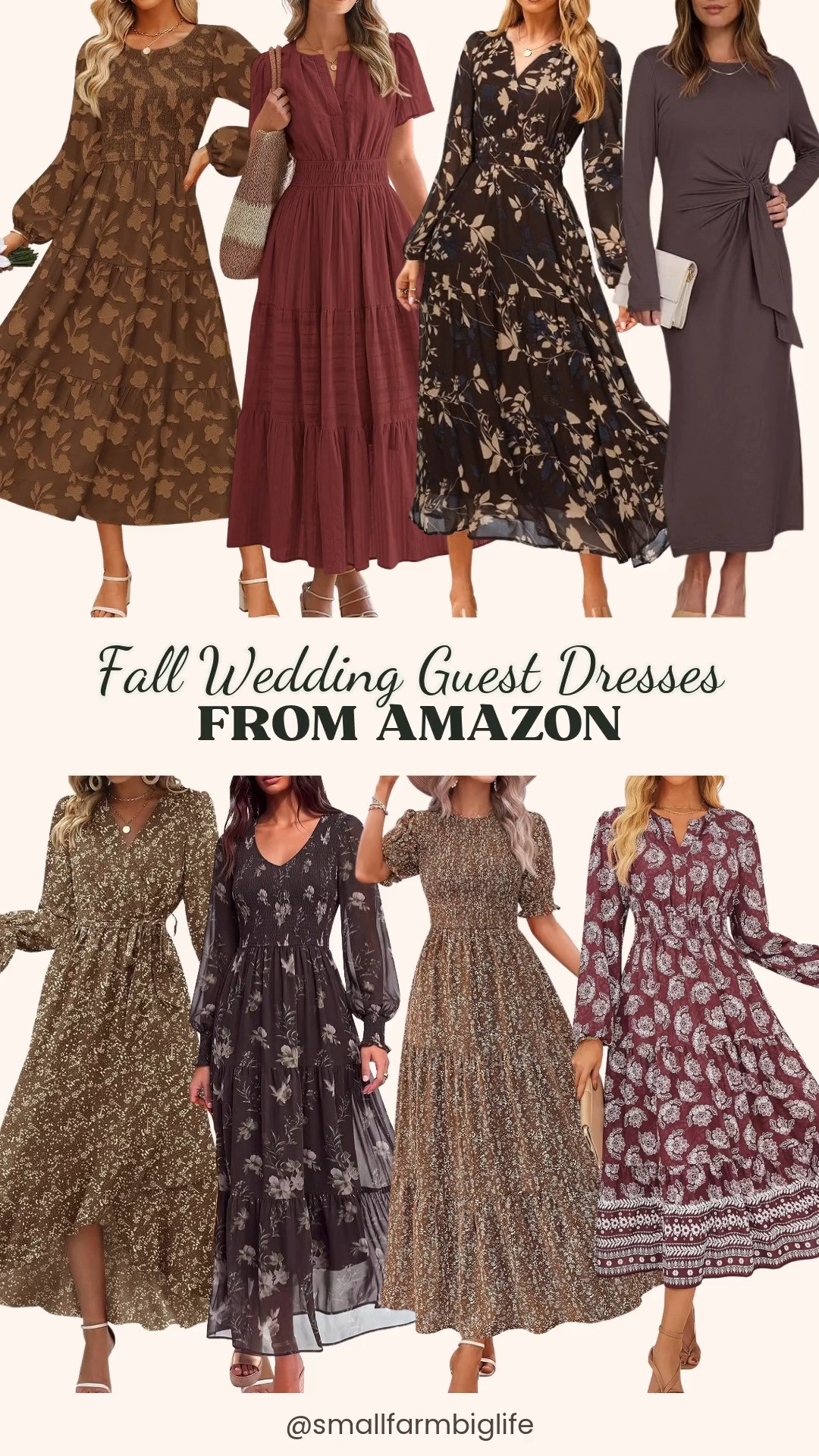 🍂 Fall Wedding Guest Dresses From Amazon

Brown is one of the prettiest colors for a fall wedding, and these Amazon dresses come in warm floral prints and earthy tones that feel just right for autumn. Choose a brown floral crewneck midi with a flowy A line skirt and pockets, a brown floral V neck maxi with an empire waist, or a dark brown floral tiered maxi with sheer lantern sleeves and a smocked bodice. The wine red floral V neck maxi with pockets adds a rich pop of color, and the brown and cream floral dress with puff sleeves and a belted ruffle wrap hem is so pretty for a dressier event. For a simple, comfortable option, the solid brown long sleeve maxi with a tie waist and side slit is easy to dress up with jewelry. For warmer fall days or indoor receptions, the short sleeve brown red V neck maxi and the coffee and white floral tiered maxi with puff sleeves both layer well under a cardigan or jacket. Flowy shapes and modest lengths make these flattering fall dresses for women over 50, and they're just as easy to wear to church, Thanksgiving dinner, or a fall date night.

#amazonfashion #amazonfinds #fallweddingguest #falldresses #floralmaxidress 

 #LTKootd #LTKOver40 #LTKWedding