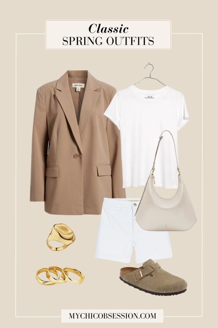 Create a spring outfit with these classic pieces. Start with a white tee, and white shorts. Next, add on an oversized blazer, like this one from Open Edit. Grab a white shoulder bag, Birkenstock Boston clogs, and gold rings for accessories and you’re ready to go.

#LTKSeasonal #LTKstyletip