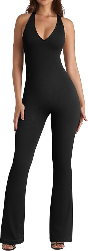 OQQ Jumpsuits for Women Fall Winter Halterneck Sleeveless Lace-Trim Flared Jumpsuit | Amazon (US)