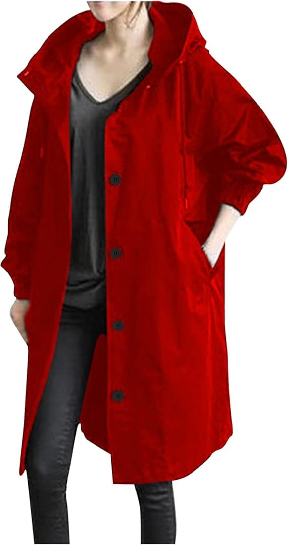 Women's Button Down Hood Long Jacket Waterproof Raincoat Hooded Long Sleeve Windbreaker Trench Co... | Amazon (CA)