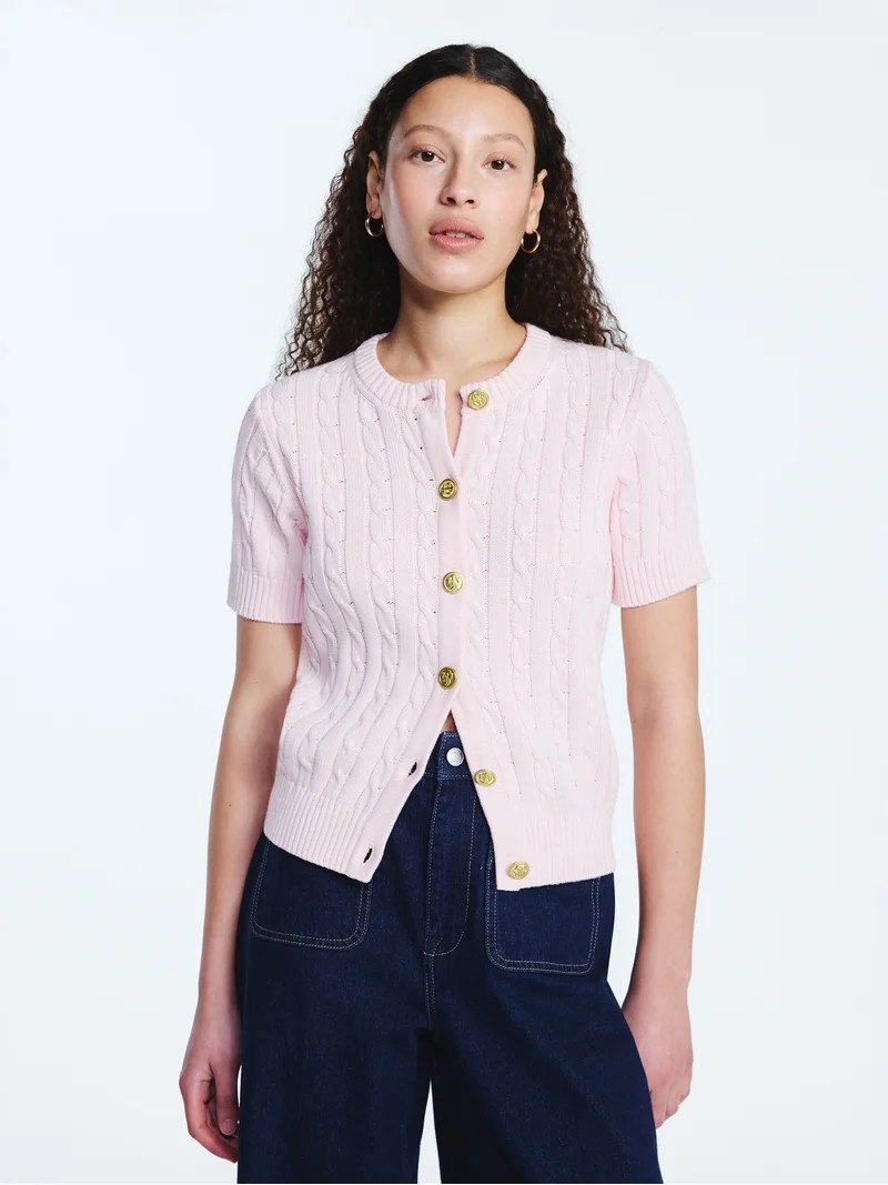 Free Assembly Women's and Women's Plus Cable Knit Cardigan Sweater with Short Sleeves, Lightweigh... | Walmart (US)