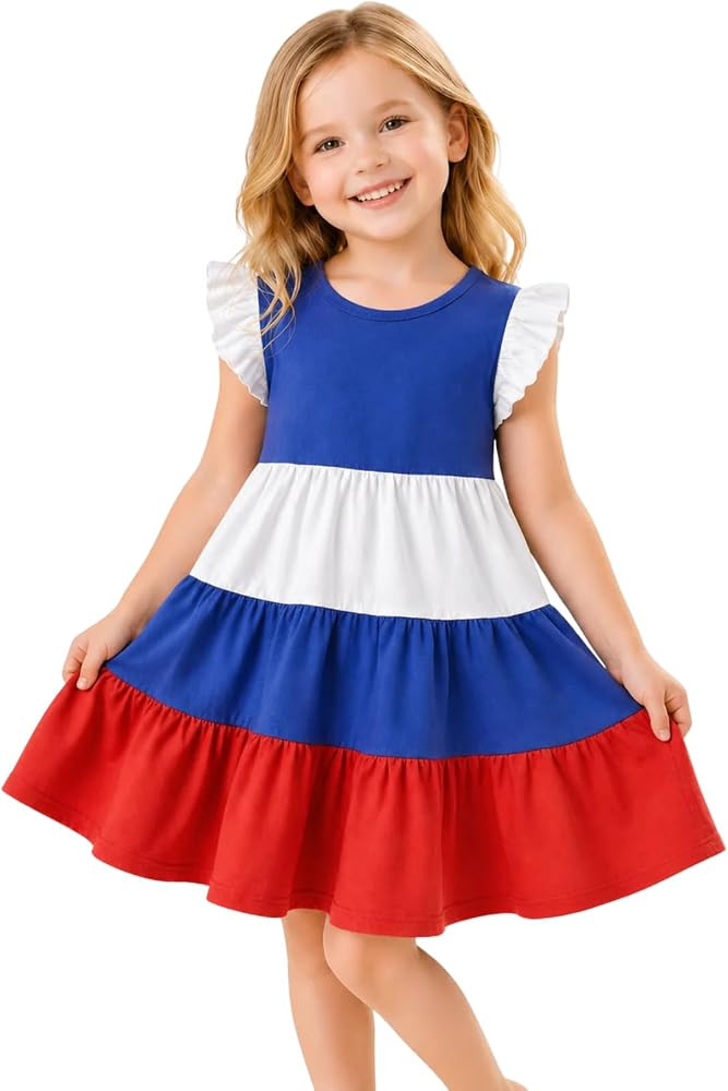 HILEELANG Girls Cotton Tiered Dress Flutter Ruffle Sleeve Summer Swing Sundress Birthday Party Ca... | Amazon (US)