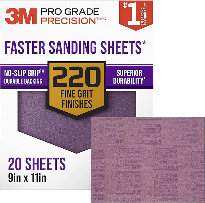 3M Advanced Sandpaper, 20 Sheets, 220 Grit, 3M Pro Grade Precision, Features No-Slip Grip Backing... | Amazon (US)