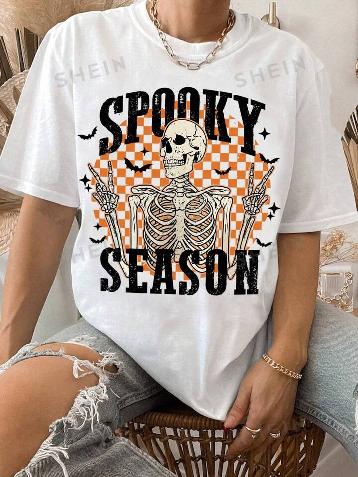 SHEIN LUNE Women's Summer Casual Skeleton Letter Print Round Neck Short Sleeve T-Shirt | SHEIN US... | SHEIN