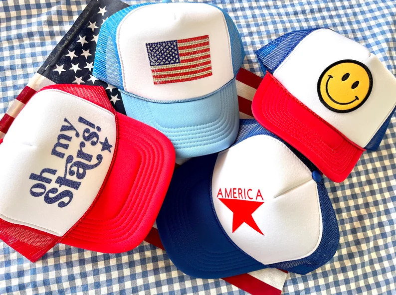 HappyStack HappyNation trucker hats, smiley face trucker hat, custom trucker hat, 4th of July hat... | Etsy (US)