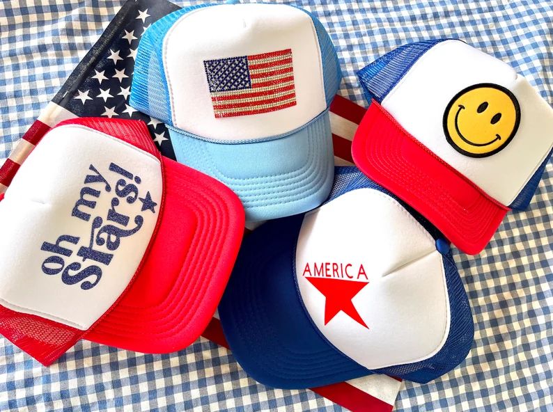HappyStack HappyNation trucker hats, smiley face trucker hat, custom trucker hat, 4th of July hat... | Etsy (US)